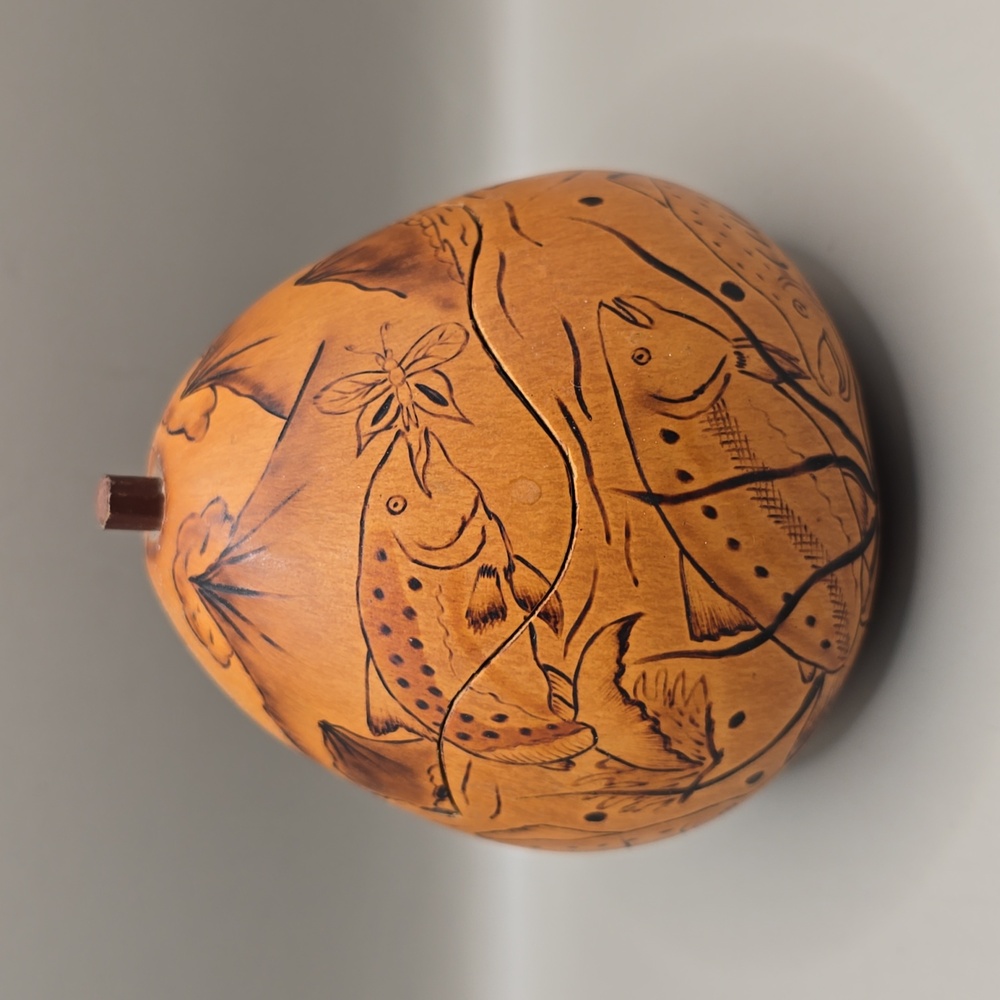 Lucuma Peruvian Storyteller Gourd Folk Art Hand Carved Fish & Mountain Trinket